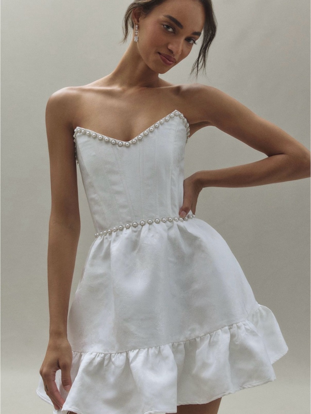V. Chapman Evie White Brocade Strapless Pearl-Trim Mini Dress